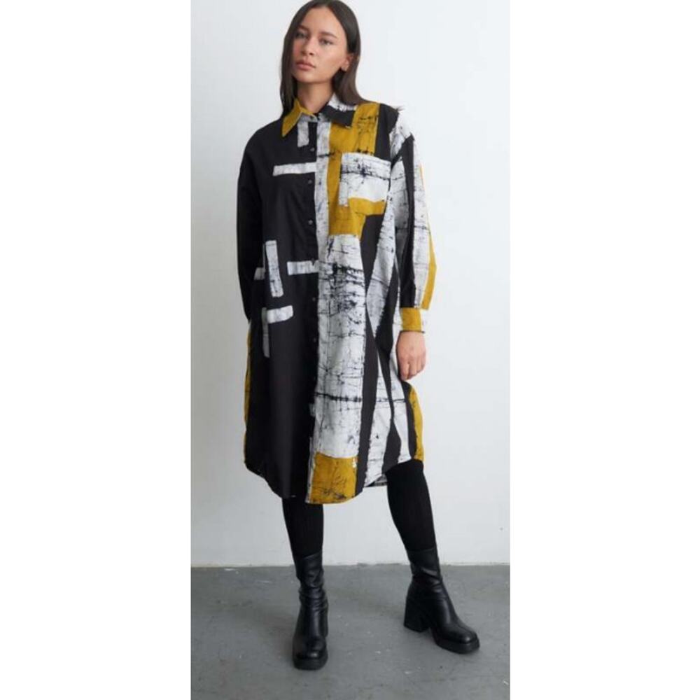 Abstract Print Midi Shirt Dress in Black, White & Mustard